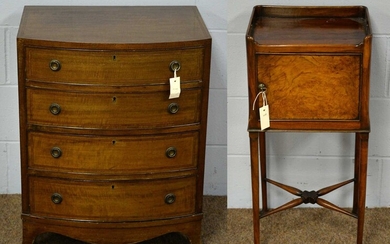 20th C George III style bowfront chest of drawers. and a 20th C Regency style walnut pot cupboard.