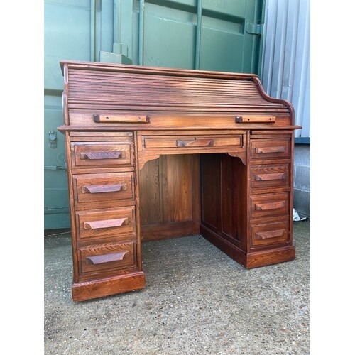 20th Century Solid Oak Tambour Roll Top Desk by Flamant Home...