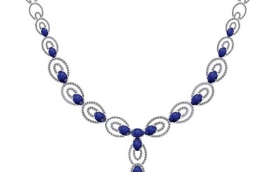 23.80 Ctw SI2/I1 Blue Sapphire And Diamond 14K White Gold Victorian Style Necklace