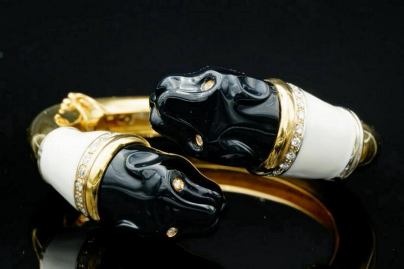 24mm Carved Onyx & 18K Panther Bracelet W/Diamonds