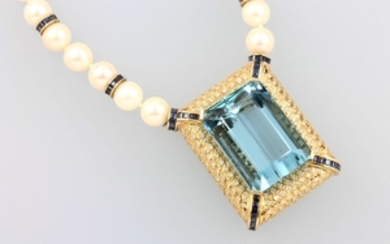 Necklace with pearls, aquamarine, diamonds andsapphires ,...