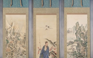 Hanging scrolls (3) - Silk - Landscape - with seal 'Awataguchi hogan' 粟田口法眼 - Japan - Late Edo period