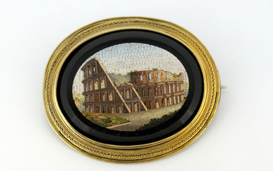 15 kt. Gold - Brooch, Rome Colosseum - Italian Micro Mosaic Onyx