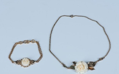 2p Vintage Gold-Filled Necklace & Bracelet with Bone Flowers