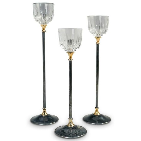 (3 Pc) Italian Silver Plated and Crystal Candle Holders