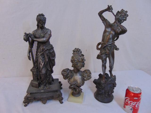 3 Spelter figures, woman with harp, bust of woman & boy