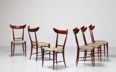 CAVATORTA SILVIO Six chairs. Mahogany and fabric. …