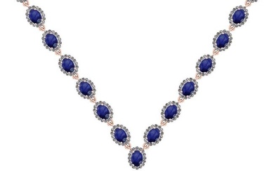 37.75 Ctw SI2/I1 Blue Sapphire And Diamond 14K Rose Gold Victorian Style Necklace