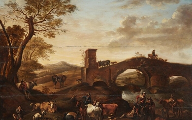 Nicolaes Berchem, follower of - Landscape with Shepherds and Travellers by a Bridge