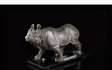 20th-century art "Rhinoceros" bronze sculpture (h. cm 16) On glass base