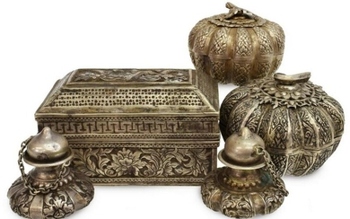 (5) CHINESE SILVER COVERED BOXES, SHAKERS