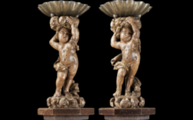 17th-century art. A pair of wooden sculptures (h. cm 71) Stand of a later date (defects and losses)