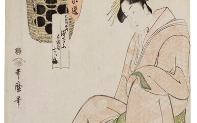 KITAGAWA UTAMARO I (1750S–1806) THE COURTESAN ASAJU OF THE DAIMONJIYA AND NANATSU-UME SAKE BY MOMENYA EDO PERIOD, 18TH CENTURY