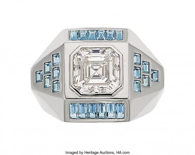55309: Diamond, Aquamarine, Platinum Ring, Siegelson T