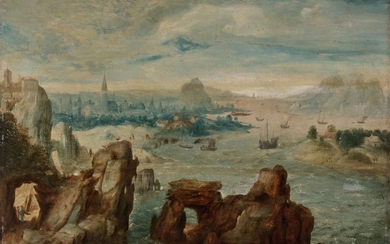 Attribué à Herri met de Bles Dinant, vers 1500 - Anvers, vers 1566 Paysage rocheux devant un estuaire animé de navires
