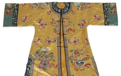 A Chinese embroidered yellow silk ladies surcoat, late