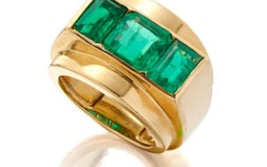 A emerald three-stone ring,, Chaumet, circa 1940