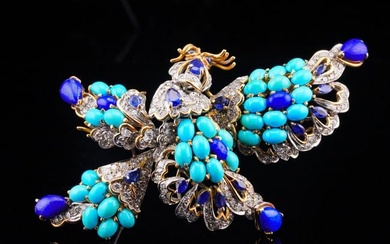 6.00ctw Diamond and Sapphire, Turquoise, Lapis and 14K Brooch
