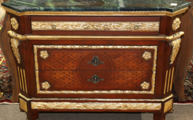 Louis XVI style marble top commode, having a variegated marble rectangular top above the partial gilt three drawer case, rising on p...
