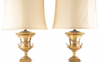 61009: A Pair of French Gilt Bronze Urn-Form Lamps on M