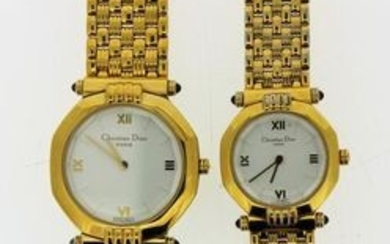 Ladies' and gentlemen's Christian Dior gold plated matching wristwatches, includes spare links for both watches, in original...