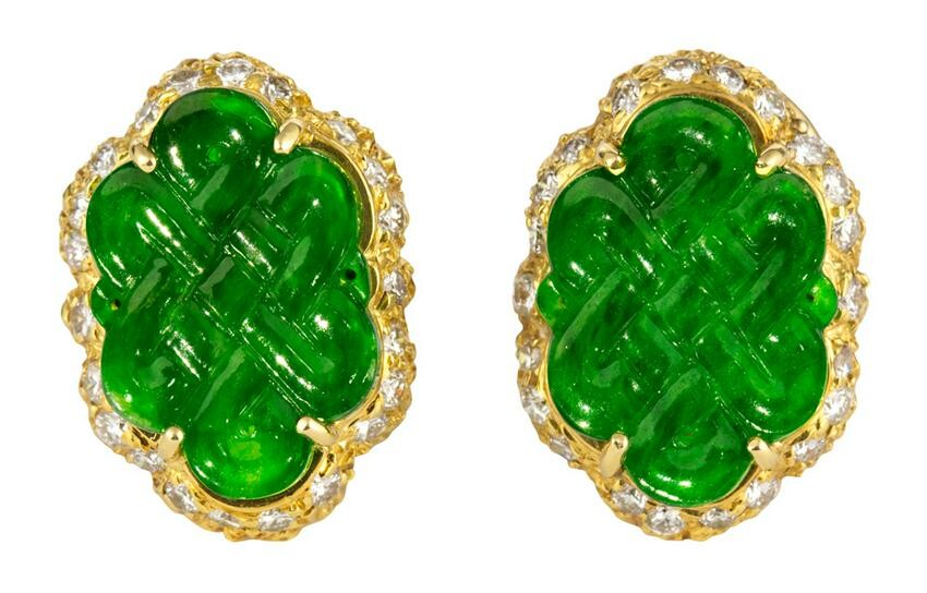 Pair of jadeite, diamond, 18k yellow gold earrings