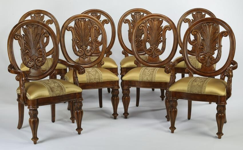 (8) Louis XV style carved chairs w/ silk upholstery
