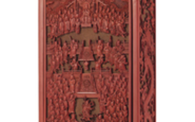 A RARE AND FINELY CARVED RED LACQUER DAOIST SCRIPTURE BOX AND COVER, CHINA, QING DYNASTY, QIANLONG PERIOD (1736-1795)