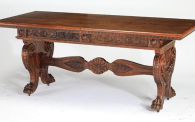 19th c. French carved walnut table w/ paw feet