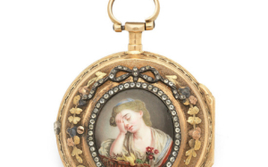Abraham, Colomby. A gilt metal key wind pair case pocket watch with enamel portrait miniature
