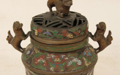CHINESE BRONZE AND ENAMEL CAPPED INCENSE BURNER