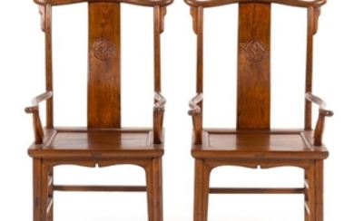* A Pair of Chinese Elmwood Official's Hat Armchairs, Sichutouguanmaoyi