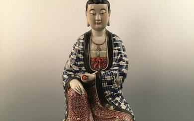 Chinese Famille Rose 'Guanyin' Statue, Cao Mingji Mark
