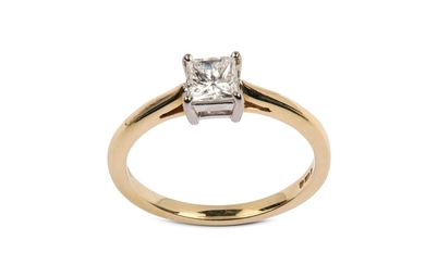 A diamond single-stone ring The princess-cut diamond, weighing...
