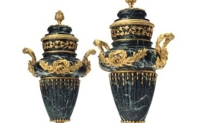 A PAIR OF FRENCH ORMOLU-MOUNTED VERT DE MER MARBLE URNS AND COVERS, ATTRIBUTED TO FERDINAND BARBEDIENNE, PARIS, LATE 19TH CENTURY