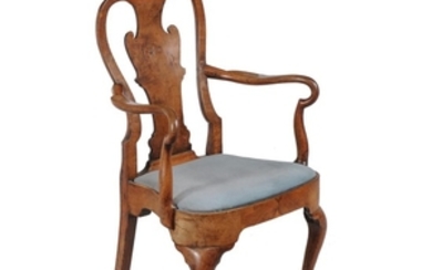A George II walnut and upholstered arm chair, mid 18th century