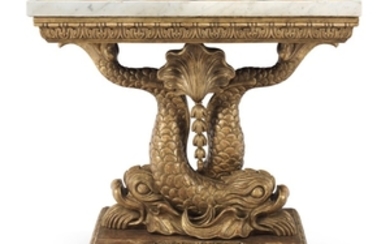 A PAIR OF GEORGE II STYLE GILTWOOD CONSOLES WITH ROMAN SPECIMEN MARBLE TOPS, 19TH/20TH CENTURY