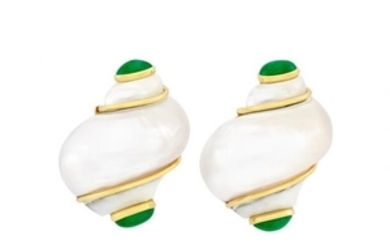 Pair of Gold, Shell and Cabochon Emerald Earclips, Seaman Schepps