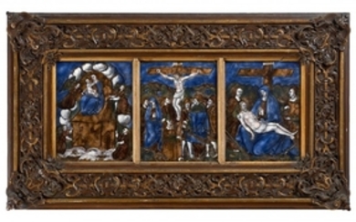 Limoges, milieu du XVIe siècle La Vierge de Lorette, la Crucifixion et la Déploration Suite de trois plaques en émail peint sur cuivre polychrome et doré