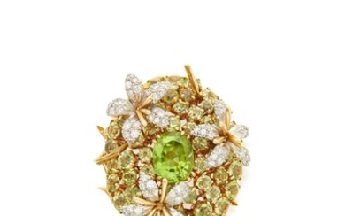 PERIDOT AND DIAMOND 'COUSSIN' CLIP-BROOCH, SCHLUMBERGER FOR TIFFANY & CO.