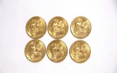 6 pièces 20 francs or 1907, 1908, 1912, 1909, 1909