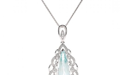 Platinum Aquamarine and Diamond Pendant Necklace
