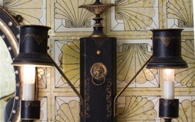 A Pair of Regency Style Black and Gilt Tole Two-Light Sconces