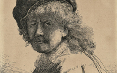 Rembrandt van Rijn (Dutch, 1606-1669) Self Portrait in a Cap and Scarf with the Face Dark: Bust