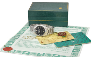 Rolex. A fine stainless steel automatic wristwatch with sweep centre seconds, bracelet, guarantee and box, SIGNED ROLEX, OYSTER PERPETUAL, EXPLORER, REF. 1016, CASE NO. 8’565’943, CIRCA 1984