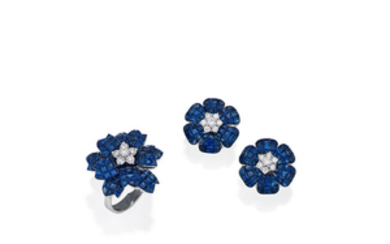 A sapphire and diamond ring and a pair of sapphire and diamond earrings