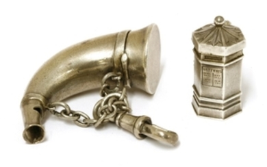 A silver hunting horn-shaped whistle and vinaigrette, Sampson Mordan & Co., London, 5cm long, ...