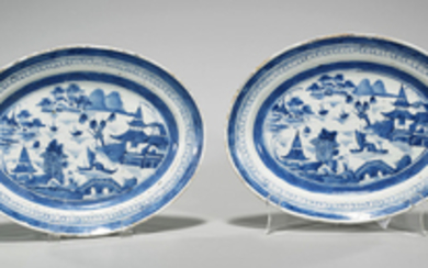 Two Antique Chinese Blue & White Canton Porcelain Platters