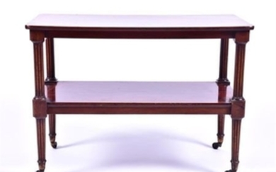 A Victorian rectangular two-tier mahogany side table with rounded corners, the top tier with reeded columnar supports, the...