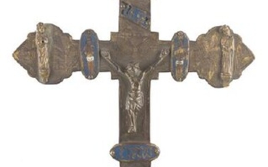 Large gilded copper processional cross with its shaft